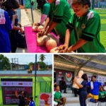Young athletes practicing CPR chest compressions during JNHF and NAFA training