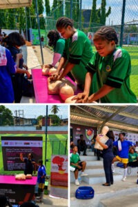 Young athletes practicing CPR chest compressions during JNHF and NAFA training
