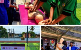 Young athletes practicing CPR chest compressions during JNHF and NAFA training