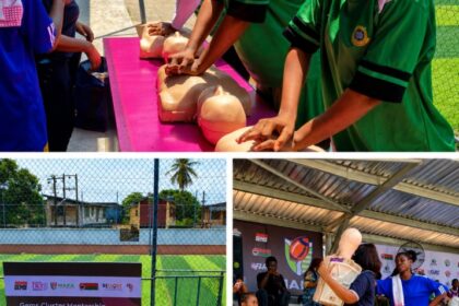 Young athletes practicing CPR chest compressions during JNHF and NAFA training